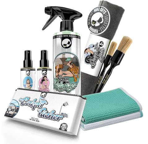 Nuke Guys Auto Reinigungsset Innenraum | Innenraumreiniger + Glasreiniger + 2X Fenstertuch + Auto Duft + Cockpit Tücher Matt + 2X Detailing Pinsel + 5X Mikrofasertuch | Autopflege Set