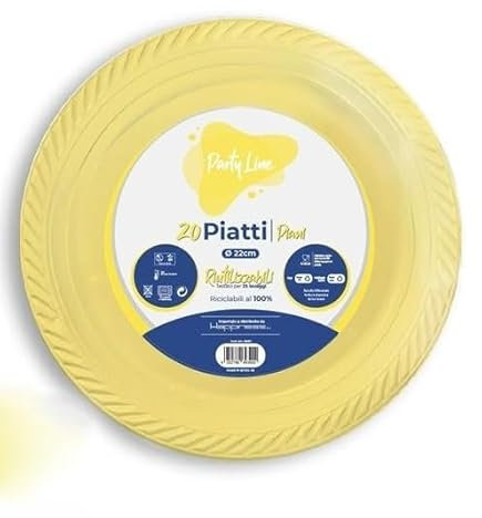 20 Piatti GIALLO in plastica riutilizzabile - piatto tondo 22cm - Riciclabili al 100% - per feste party natale capodanno ecc.