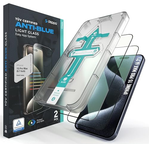 Deppa |2 Pack| Eye Safeguard Certified Anti-Blue Light Screen Protector for iPhone 15 Pro Max (6.7') Tempered Glass Edge to Edge Full Cover with Easy Installation Kit Tray