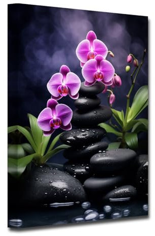 CXHOSTENT Zen Leinwand Wandbilder lila Orchidee Blumen und Stein Kunstdrucke Meditation Yoga Bilder Spa Kunstwerk Badezimmer Wanddekoration (C, 40.00 x 60.00 cms)