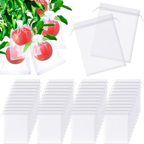 50 Pcs Fruit Protection Bags, Fruit Netting Bags, 6 x 8 Inch Fruit Net with Drawstring Penetrating Light Fruit Bags Fruit Tree Netting Fruit Cover Mesh Bag for Plant Fruit Flower Vegetable (White)