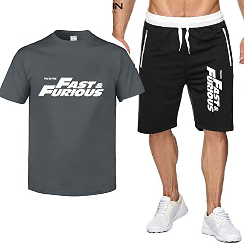 DKDAHIO Ensemble de Survêtement pour Hommes avec F.a.s.t F.urious Imprimé Short à Manches Courtes T-Shirt D'été Sport Vêtements Shorts Gymnastique Jogging Ensembles-Dark Gray||L