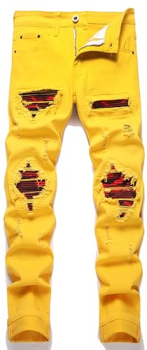 OIIIO Men's Patch Ripped Stretch Regular Fit Jean, 6660 Yellow, 42