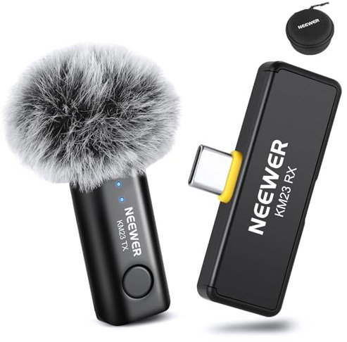 NEEWER Microfono Lavalier Wireless per USB C, Mini Lav Mic con Soppressione Rumore a un Clic per Vlog Streaming Live, Mic a Condensatore Omnidirezionale Compatibile con iPhone 15 Samsung Android, KM23