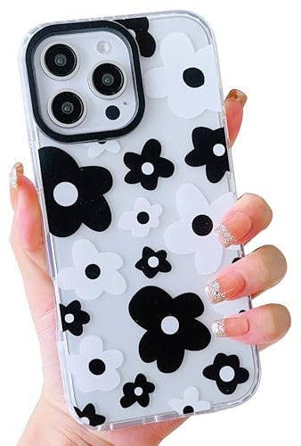 ECZOIL Compatible for iPhone 16 Pro Case,Cute Clear Black and White Flower Cartoon for Women Girl Soft TPU Shockproof Anti-Yellow Protective Phone Case for iPhone 16 Pro-Black and White Flower