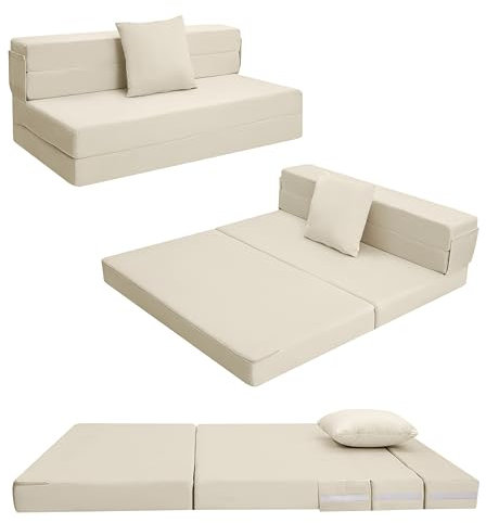 MeMoreCool Faltbare Klappmatratze, Hochdichter Schaumstoff Schlafsofa, Boden-Futon-Matratze, 4-teilige Gästematratze Gästebett Klappbar, Klappmatratze Sessel, Faltmatratze 120x195cm, Beige