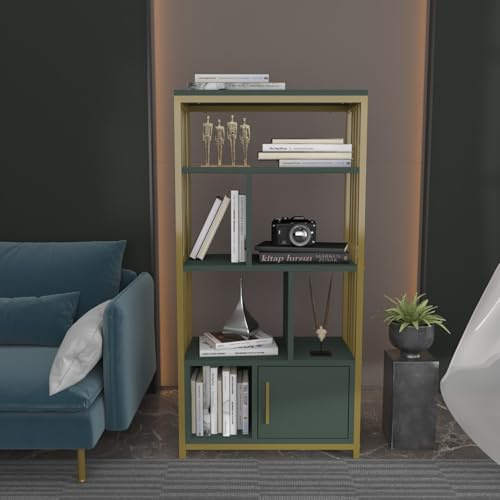 Hanah Home Elegant Green & Gold Bookshelf, 60 cm x 120 cm x 29.6 cm | 100% Melamine Coated Particle Board, 18 mm Thick | Stylish Storage for Modern Spaces