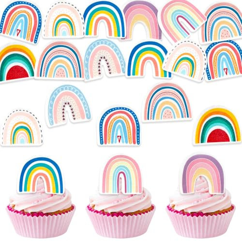 DazzJoy 40 Stück Essbare Tortendeko Regenbogen,Esspapier Regenbogen Kindergeburtstag,Kuchen Deko Essbar,Cupcake Topper Essbar,Essbare Torten Deko Mädchen