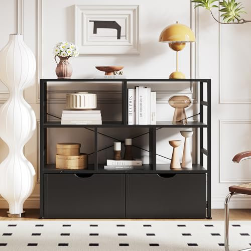 Dripex 4 Tier Bookcase with 2 Movable Drawers，Wooden Floor Standing Book Shelf with Steel Frame, Black Storage Display Shelf for Living Room, Bedroom or Office