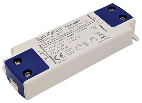 Lumonic I LED Trafo TLV-20-24 I 24V 20W I Input 220-240VAC I flimmerfrei & ultradünn I Überlastschutz I LED-Netzteil I für LED-Beleuchtung & LED-Streifen