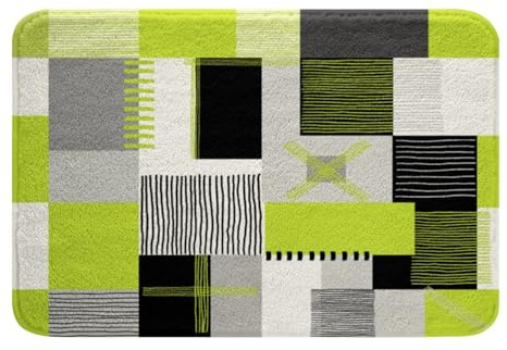 Homewish Lime Green Grey Bathroom Rug Non Slip 20X32 Black White Abstract Bath Mat For Kids Boys Teen Men Geometric Square Door Mat Grids Checkered Entrance Rug Modern Fashion Room Decor