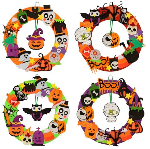 Benjia 4 Stück Halloween-Kranz-Bastelsets für Kinder, DIY Filzkranz-Ornamente mit Verband-Zombie, Eule, Zylinder-Kürbis, Horror-Kürbis für Party-Aktivitäten