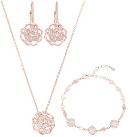 UNICRAFTALE Parure de Bijoux en Cristal et Fleur de Rose Collier Bracelet Boucles D'Oreilles Bijoux Creux en Or Rose pour la Saint Valentin Cadeaux de Fête des Mères