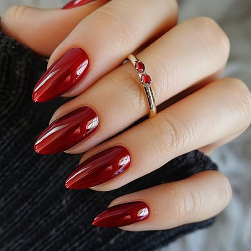 Red False Nails, Press on Nails With Glue 24pcs - Almond Shaped Stick On Nail in Glossy Wine Red Cherry, Long Fake Nails Full Cover Removable for Parties Vacations