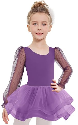 Arshiner Abbigliamento da Danza a Maniche Lunghe per Bambine, Tuta da Balletto, Abito da Danza in Cotone, Body da Ballo Classica per Bambini con Gonna, Abito da Ballerina Viola Scuro,150 7-8 Anni