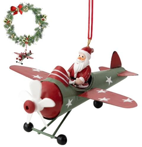 Ornement d'avion du Père Noël – 12,5x12cm Décoration Suspendue en Fer | Design Bonhomme De Neige Ou Pèrre Noëls | Accroche Facile avec Corde | Déco Réutilisable pour Sapin Et Fêtes