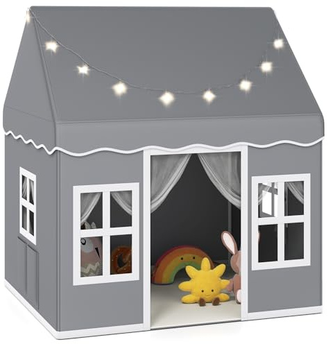 GYMAX Kids Tent, Indoor Children Playhouse with Washable Mat, Star Lights & Windows, Large Play Tent for 3-10 Years Old Girls Boys (Grey)