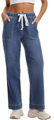 Alaster Queen Damen Jeans Wide Leg Mittelhohe Taille aus Gerade Bequeme Elastische Denim Hose