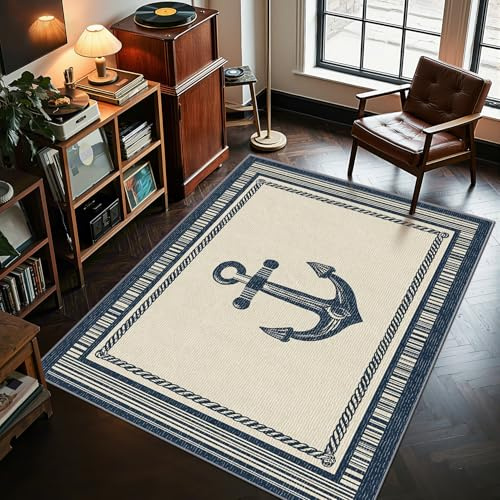 AevuCub Anker Deko, Kinder Nautisch Maritim Teppich 120x170 Kurzflor, Teppich Wohnzimmer Vintage Anker Motiv, Weich rutschfest Waschbare Teppiche, Bettvorleger Schlafzimmer Kinderzimmer