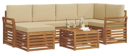 vidaXL Sofagarnituren 7 pcs Natur und Beige Massivholz Akazie, Gartenmöbel, modernes Sofa für draußen, modulare Loungemöbel, langlebige Terrassensitze und Komfort