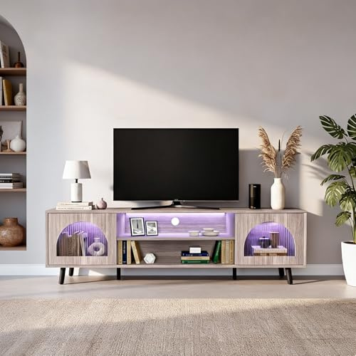 Bonnlo LED TV Unit with 16 Colour Lights - 160cm TV Stand Cabinet for Living Room, Media Console for TVs up to 65 inch (Choose Your Finish) (Washed Grey)