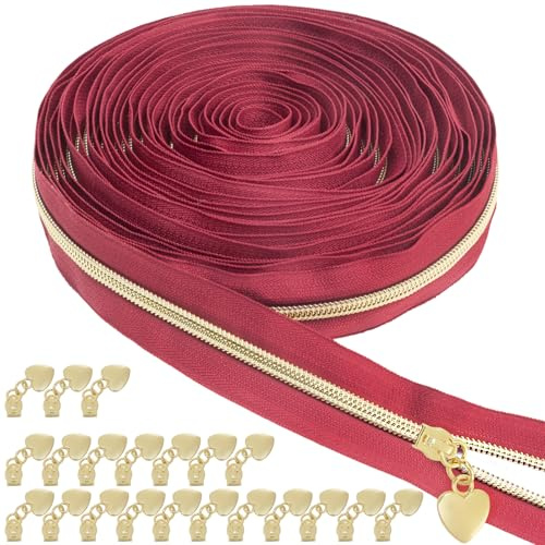 VOKABY 9m #5 Cerniera Lampo 6mm,Cerniere in Nylon per Cucito a Metro,con 20 Tiretti in Metallo (Oro,Rosso)