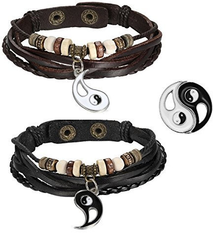 Cupimatch Yin Yang Lederarmbänder für Paare: Handgefertigtes geflochtenes Kordelkette Verstellbares Partnerarmbänder Armreif mit Vintage Daoismus Tai Chi Anhänger Geschenk für verliebte Damen Herren