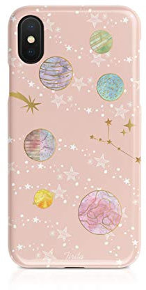 Tirita Hard Phone Case Compatible with iPhone X & Xs Hard Cover PRINTED GLITTER, NOT REAL GLITTER Space Stars Moon Planets Baby Pink Gold Constellation