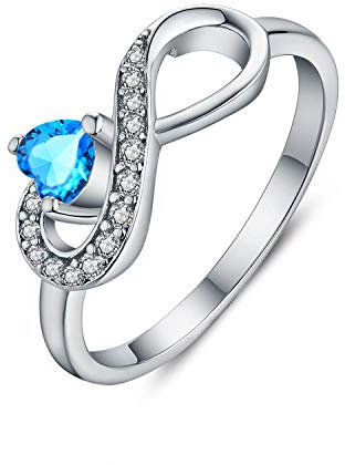 JO WISDOM Damen-Ring 925 Sterling Silber Infinity Unendlichkeit Ring Herz schliff 3A Zirkonia März Geburtsstein Aquamarin Farbe,Schmuck für Frauen