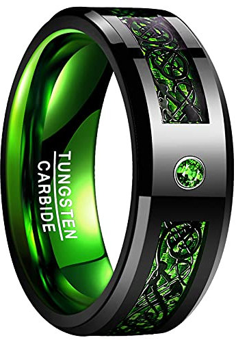 Vakki 8mm Wolfram Ringe Herren Keltischer Drachen Ring Schwarz Grün Zirkon Karbonfaser Einlage Geeignet für Hochzeit Verlobung Größe 65(20.7)