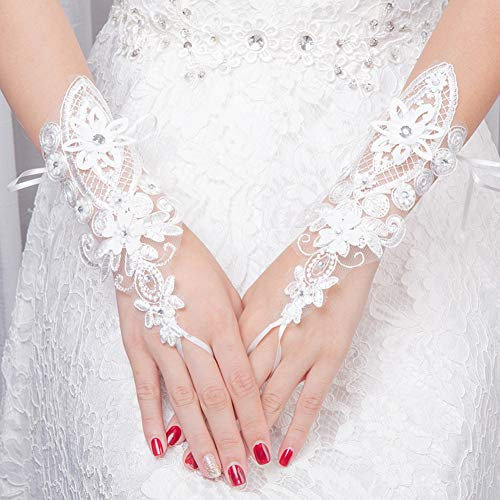 MoreChioce Damen Spitze Handschuhe,Hochzeit Braut Handschuhe Strass Armstulpen Frauen Lange Handschuhe Elastisch Lace Hochzeithandschuhe Hochzeit Party Abend Handschuhe,Weiß Strass