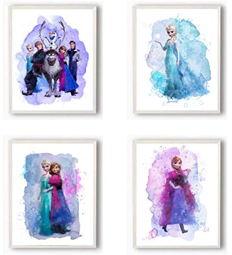 HerZii Prints Die Eiskönigin WandkunstDekoration, Drucke Die Eiskönigin AquarellPoster – Die Eiskönigin Geburtstagspartyzubehör – Die Eiskönigin Schlafzimmer Dekoration für Mädchen, Anna Olaf