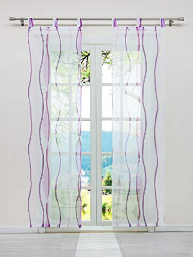 ESLIR Schiebegardinen Set 2er Flächenvorhänge Gardinen mit Schlaufen Schiebevorhang Transparent Vorhang mit Wellen Druck Voile Violett BxH 57x225cm 2 Stück