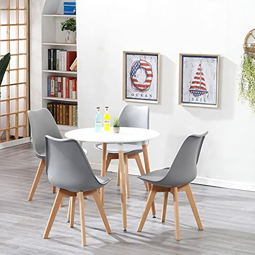 BenyLed Mesa de Comedor Redonda y 4 Sillas de Cocina Moderna y Sillas de Acolchadas, Juego de Muebles para el Hogar, Oficina, Cocina, Blanco + Gris