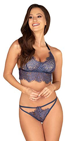 Selente Love & Fun verführerisches mehrteiliges Damen Dessous-Set aus BH, Tanga & Satin-Augenbinde, Made in EU (S/M, Blau)