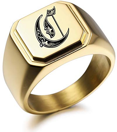 MeMeDIY Personalisierte Gravur Monogramm-Buchstaben-Signet-Ring für Männer Frauen Mädchen Jungen Edelstahl-Hochzeitsringen Benutzerdefiniert Schmuck Bündel mit Ringgrößeneinstellern (Gold)