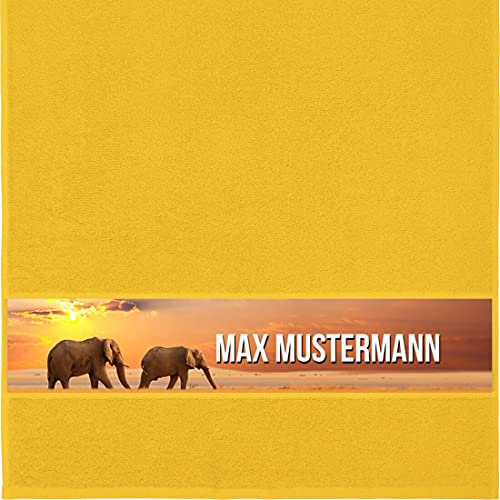 Manutextur Handtuch mit Namen - personalisiert - Motiv Elefanten - viele Farben & Motive - Dusch-Handtuch - gelb - Größe 50x100 cm - persönliches Geschenk mit Wunsch-Motiv und Wunsch-Name