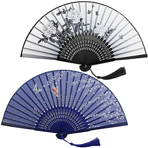2PCS Éventail Japonais en Soie,Soie Pliant Ventilateur,Éventails à Main Pliables en Bambou,Éventail d’Artisanat,Soie avec Le Motif de Ventilateur à Main,pour Été Chaud,Décoration de la Maison