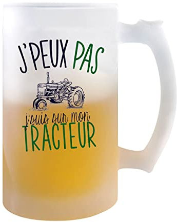 Planetee Chope de bière Tracteur j'peux pas | Verre à bière pinte Cadeau humour alcool original | Imprimé en France