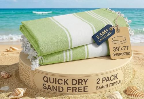 LANE LINEN Turkish Beach Towel 2 Pack, Oversized Beach Towel 39x71, Lightweight Beach Essentials for Women, Large Pool Towel, Absorbent & Quick Dry, Sand Free Beach Towel - Jade Lime