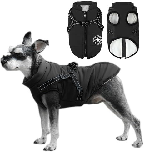Voarge Hundejacke Winterweste Jacken, Hundemantel mit Geschirr für Kleine Hunde Hundemantel Wasserdicht Maschinen Waschbarer Reflektierender Streifen Design Haltbarer D-Ring (L, Schwarz)