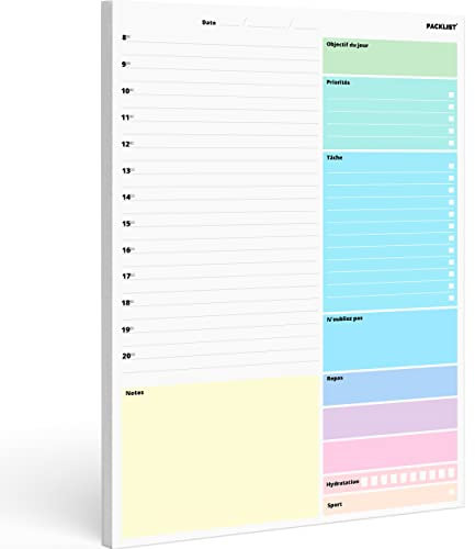PACKLIST Planning Journalier Francais - Planificateur Hebdomadaire A4, Agenda Daily Planner, Objectif du jour, Priorités, Tâche, N'oubliez pas, Aliments, Hydratation, Sport, Notes - Design Exclusif