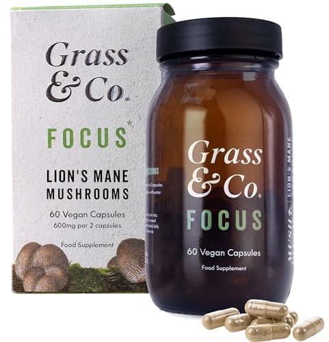 Grass & Co | Focus Lion's Mane Mushroom Capsules | Supports Cognitive Health | 60 Capsules | 30 Servings | Lion's Mane Extract, Ginseng, Omega-3, Vitamins B12 & D