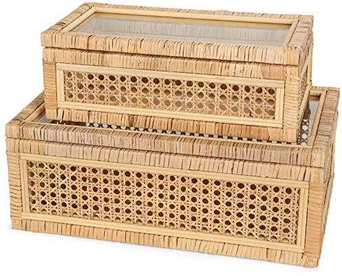 Cajas expositoras de ratán bohemio tejidas a mano con tapas de vidrio, juego de 2 contenedores de almacenamiento rectangulares decorativos, organizadores de decoración del hogar de bastón tejido