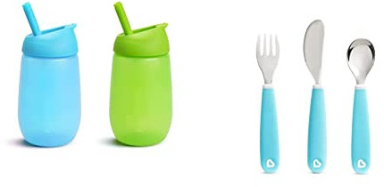 Munchkin Simple Clean Toddler Cup Set with Straw, BPA Free Non Spill Cup, Dishwasher Safe Leakproof Silicone - 10oz/296ml, 2 Pack, Green/Blue & Splash Toddler Cutlery Set (Fork, Knife & Spoon), Blue