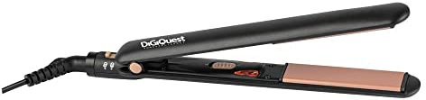 DIGIQUEST Ceramic Plate - Plancha fina para el pelo, color oro rosa y negro, para viajes, botón de encendido/apagado, cable de 1,8 m, temperatura de 200°, asa bloqueable