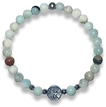 Majas Perlen Amazonit Armband Perlen echt 6mm Lebensbaum Hämatit - Größe 16 bis 18cm - Handmade Perlenarmband für Geduld Toleranz Beruhigung - Spiritueller Esoterischer Schmuck Unisex