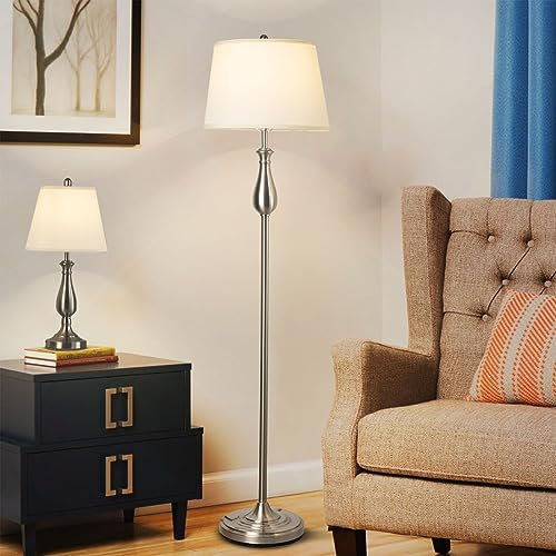 Depuley 3 tlg Leuchte, 2 schreibtischlampe und 1 Stehlampe, Modernes Lampenset für Wohnzimmer, Schlafzimmer, Metalltischlampen und standlampe mit weißem Leinen lampenschirm, silberne Ausführung