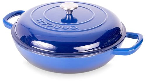 Shallow Cast Iron Casserole with Lid – Non Stick Dutch Oven Pot, Oven Safe up to 500° F – Sturdy Ovenproof Stockpot Cookware – Enamelled Cooking Pot – Dark Blue, 5-Quart, 32cm – by Nuovva