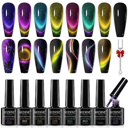 MIZHSE Cat Eye Gel Nail Polish Set with Magnetic Stick 8 Colours Magnetic Nail Polish Gel Chameleon 9D Cateye Gel Polish Varnish UV Lamp Manicure Home DIY